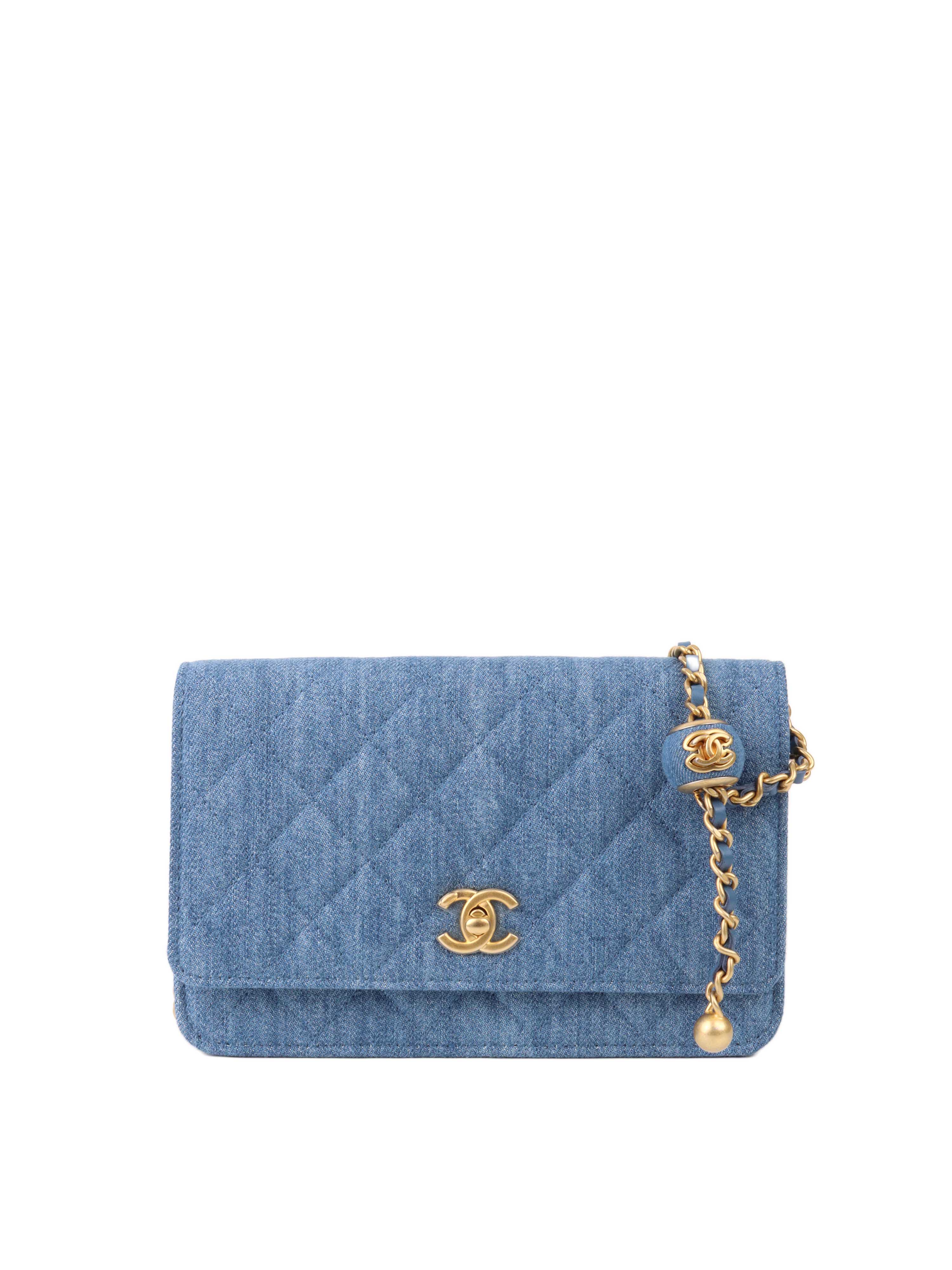 Chanel 22C Denim Wallet on Chain with Pearl Crush.