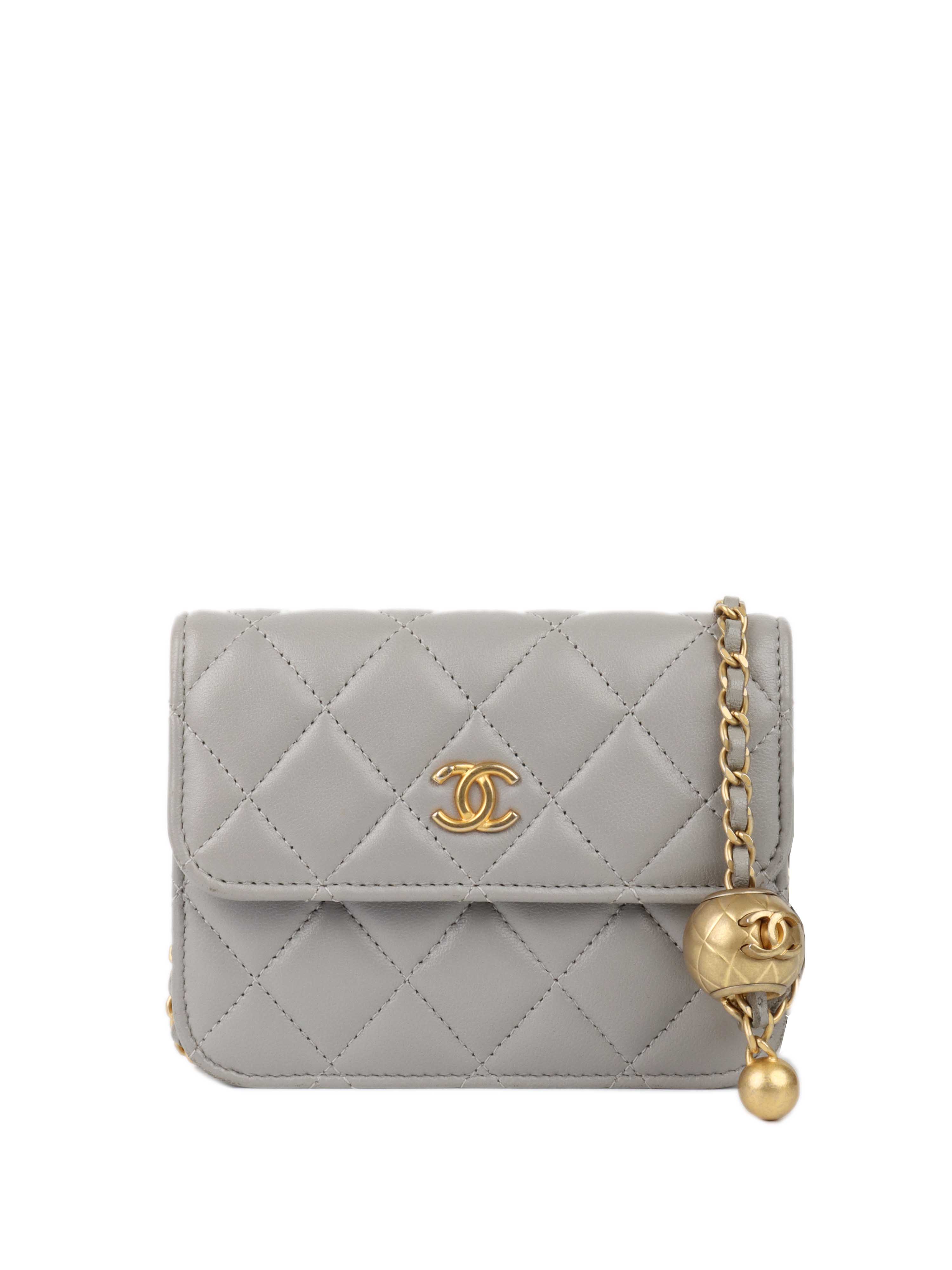 Chanel Grey Cardholder on Chain with Pearl Crush GHW.