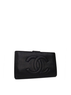 Chanel Vintage Chanel Black Caviar Leather CC Logo Long Wallet