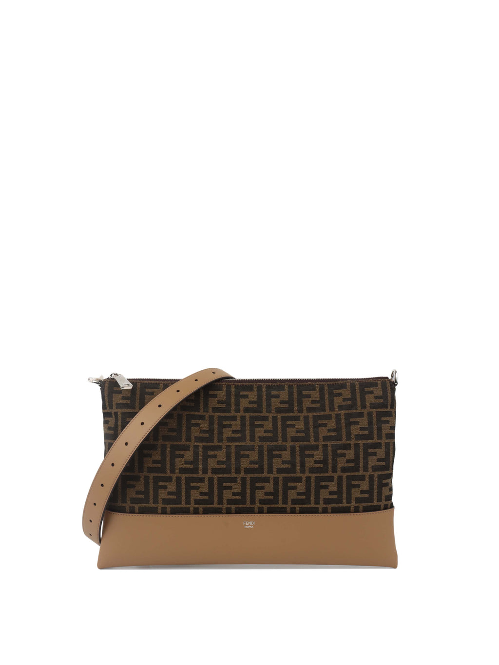 Fendi Brown Logo Fabric Shoulder Bag.