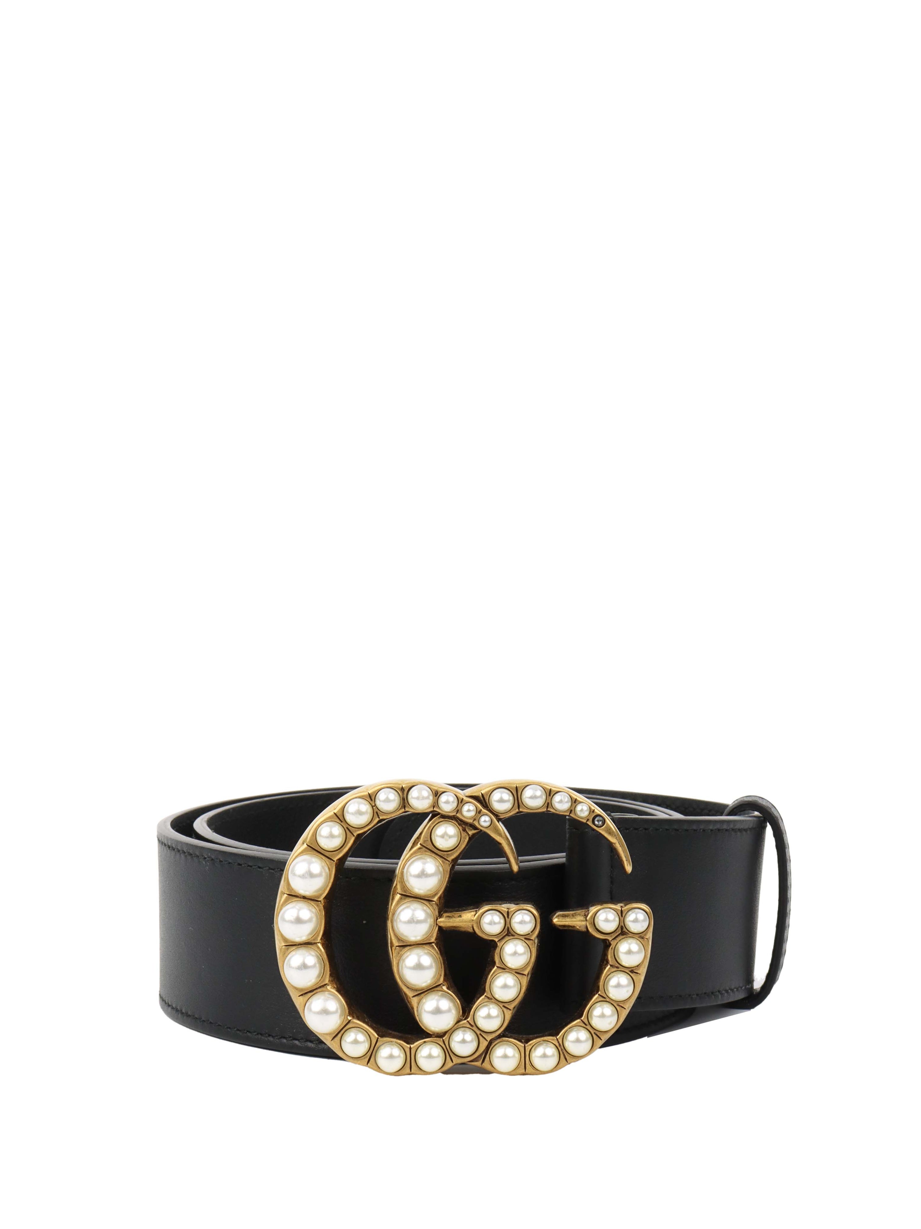 Gucci Black Wide Leather Belt with Pearled GG. 80cm.