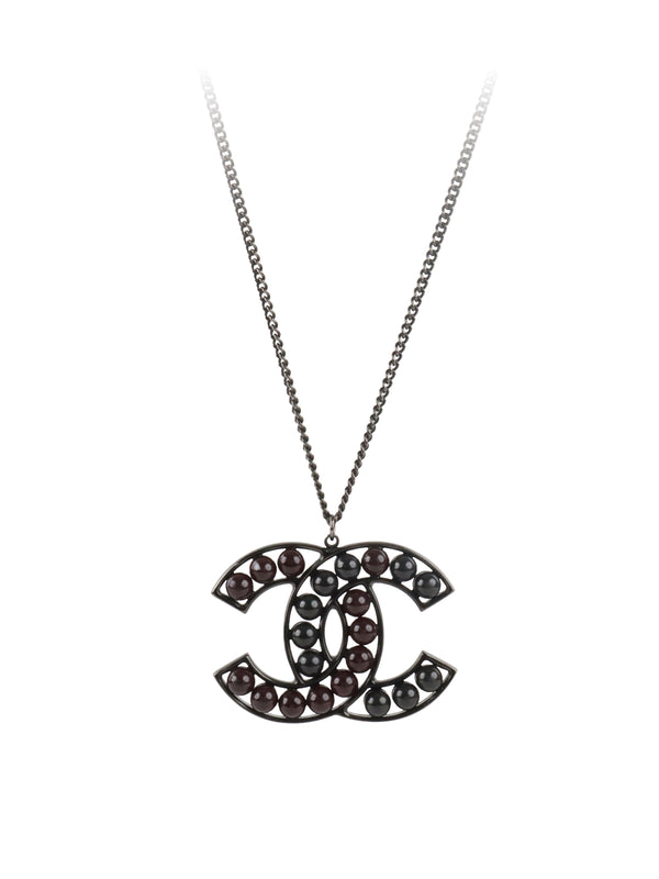 Chanel Black and Dark Burgundy Enamel CC Pendant Necklace