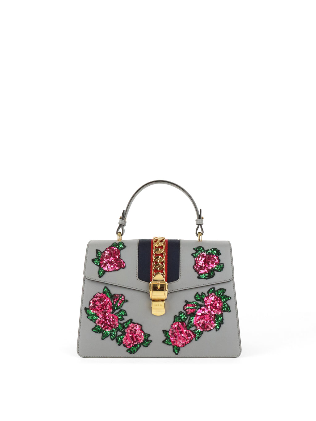 Gucci Medium Grey Floral Sequin Sylvie Top Handle Bag