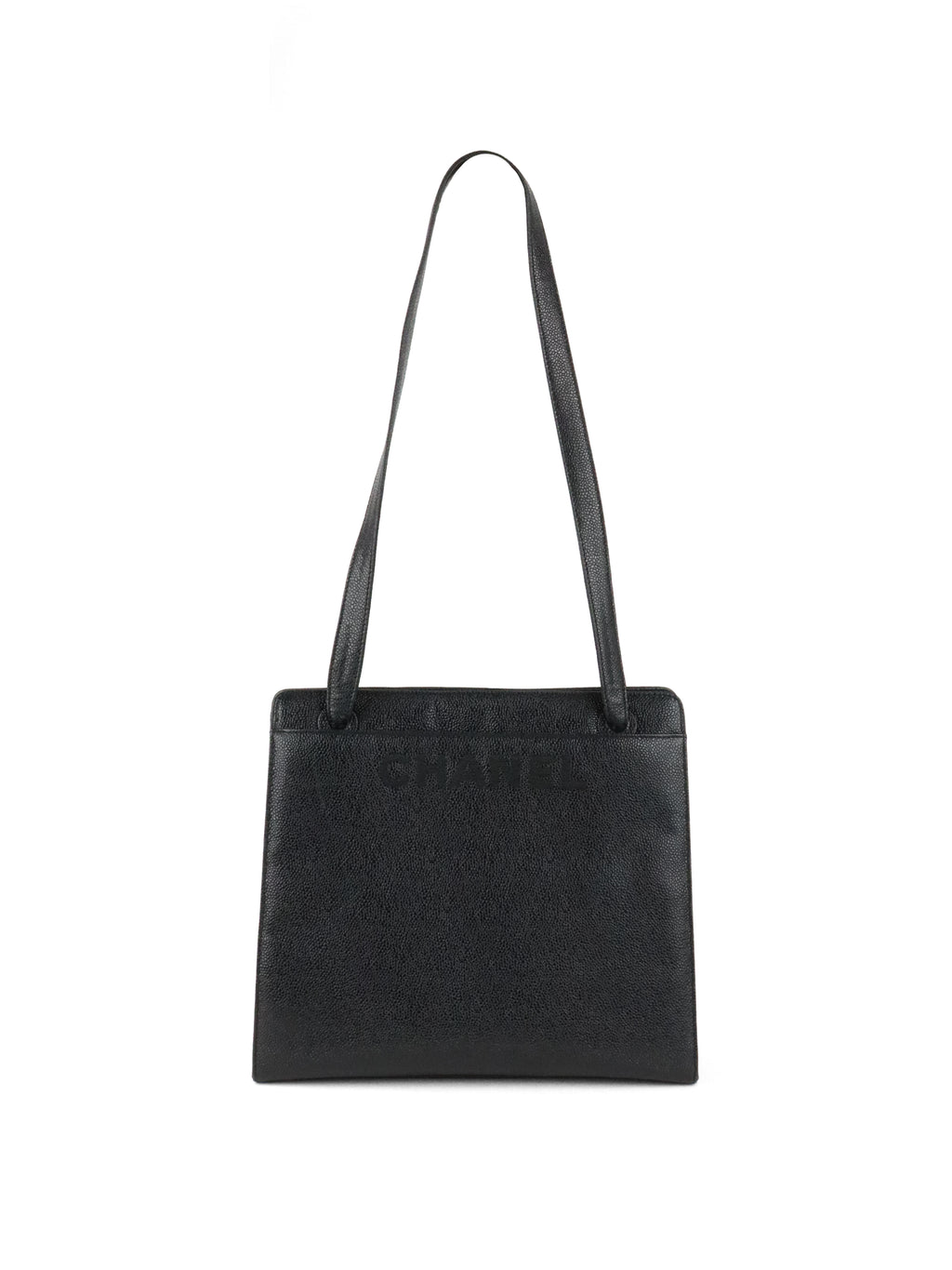 Chanel Vintage Stitched Logo Black Caviar Tote