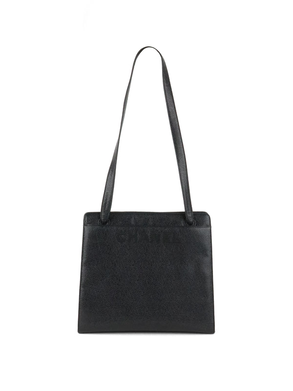 Chanel Vintage Stitched Logo Black Caviar Tote