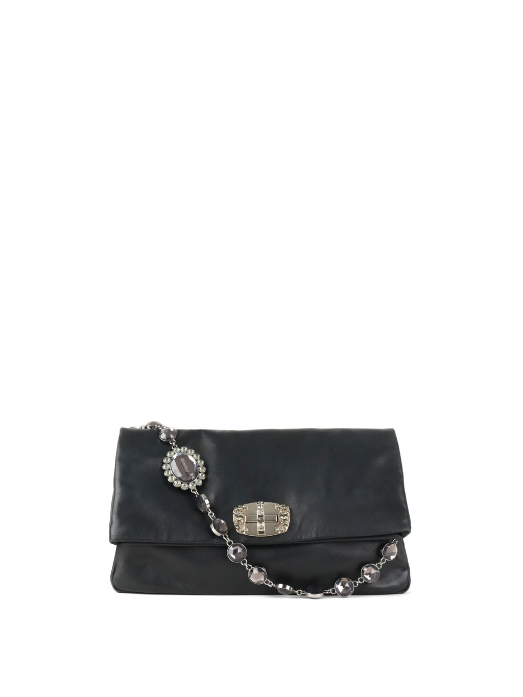 Miu Miu Black Smooth Leather with Crystal Strap Bag