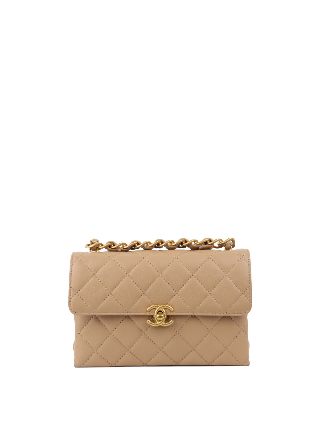 Chanel Beige Woven Chain Link Handle Flap Bag.