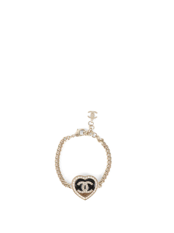 Chanel Black & Gold Crystals CC Heart Charm Bracelet