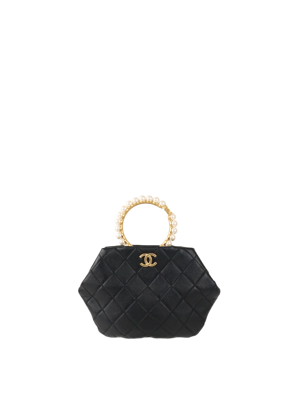 Chanel Black Lambskin with Pearl Crown Top Handle Clutch