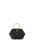 Chanel Black Lambskin with Pearl Crown Top Handle Clutch