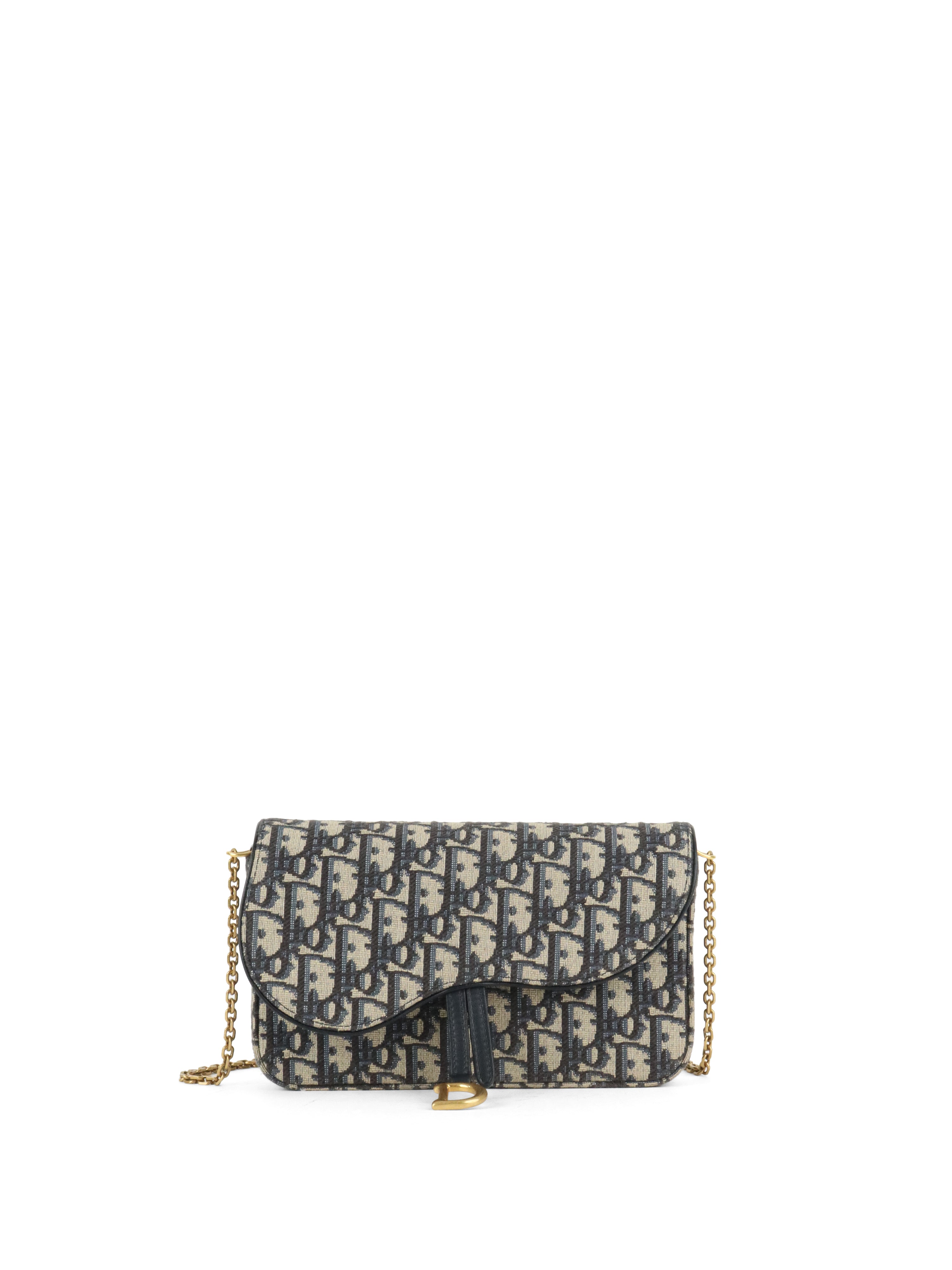 Dior Blue Oblique Jacquard Medium Saddle Pouch with Chain