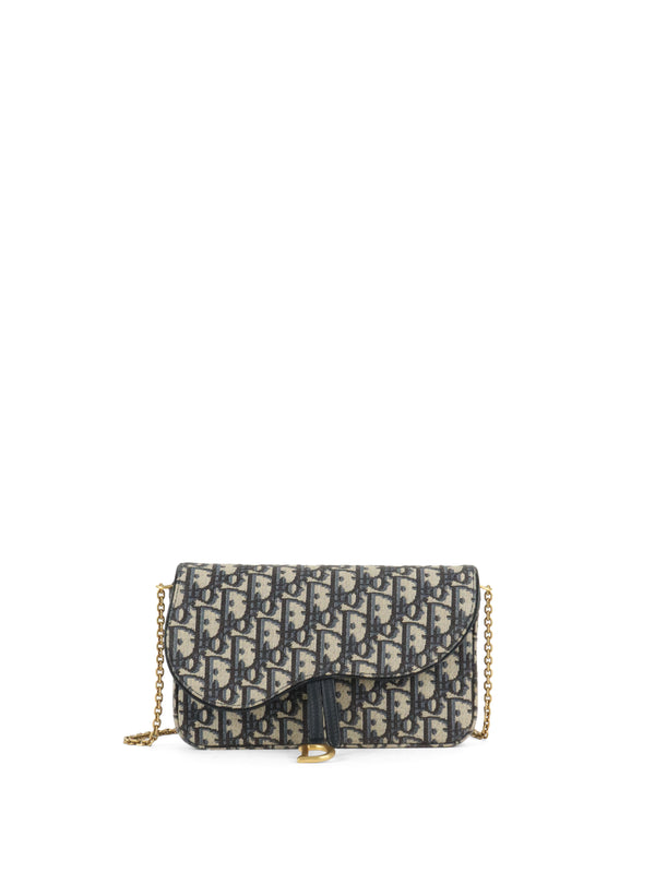 Dior Blue Oblique Jacquard Medium Saddle Pouch with Chain