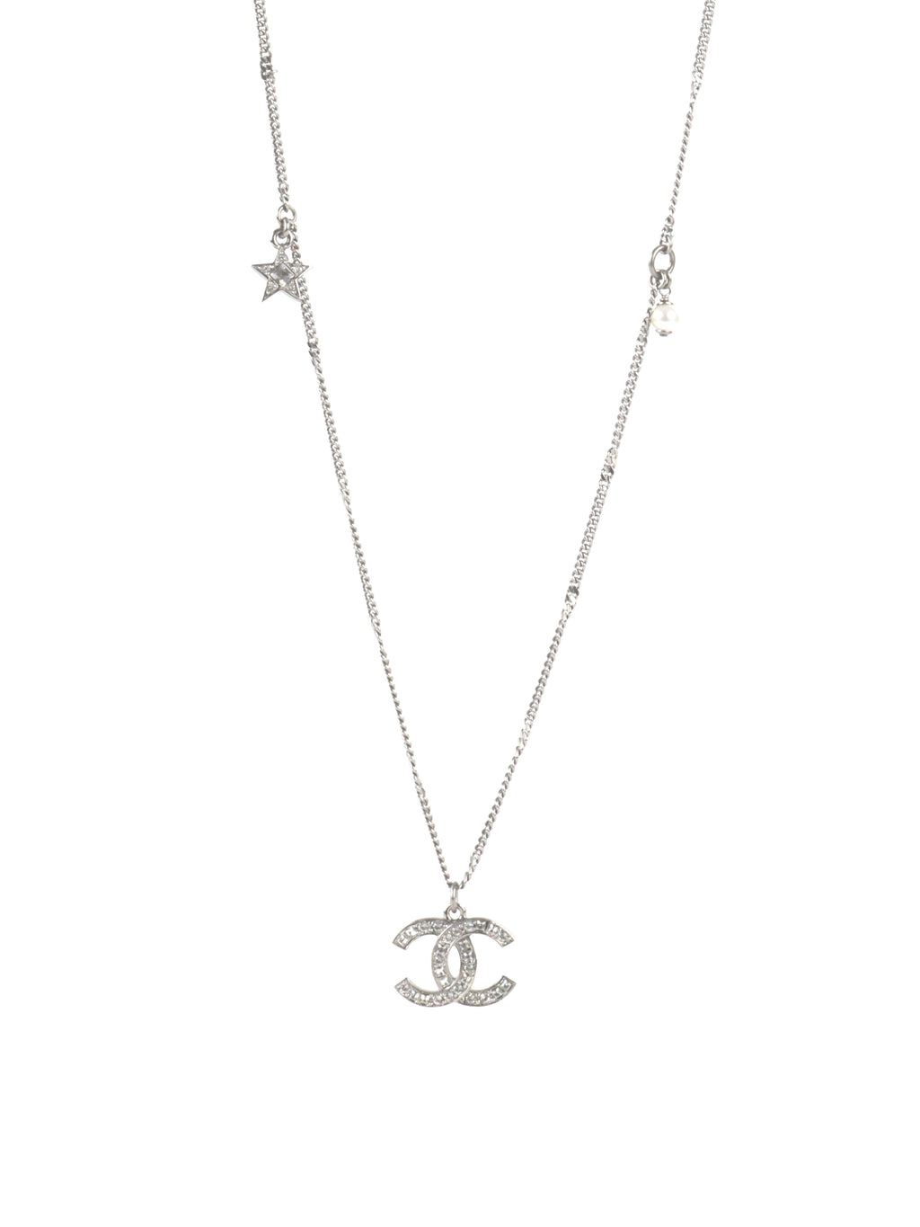 Chanel Silver Crystal CC Long Necklace
