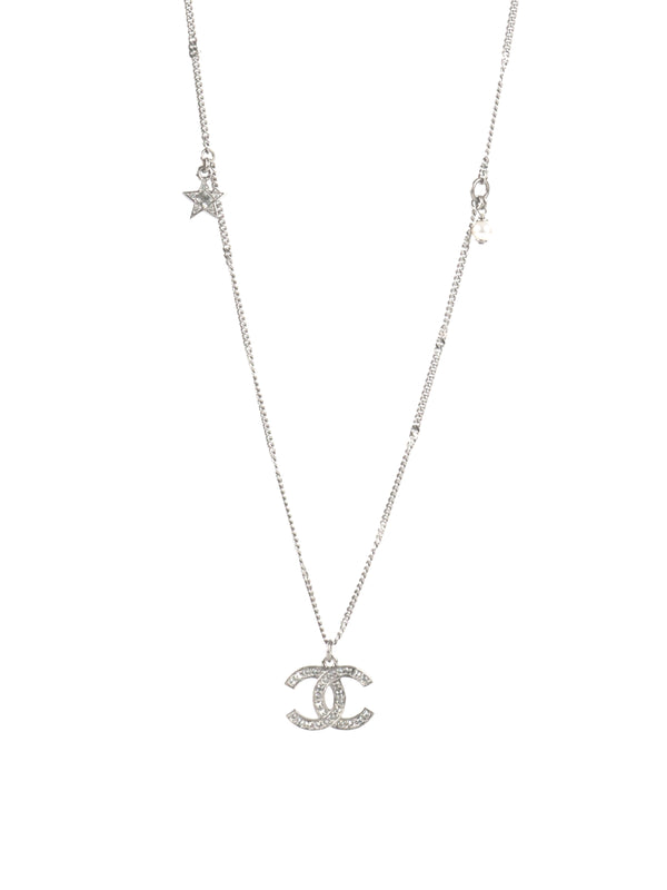 Chanel Silver Crystal CC Long Necklace