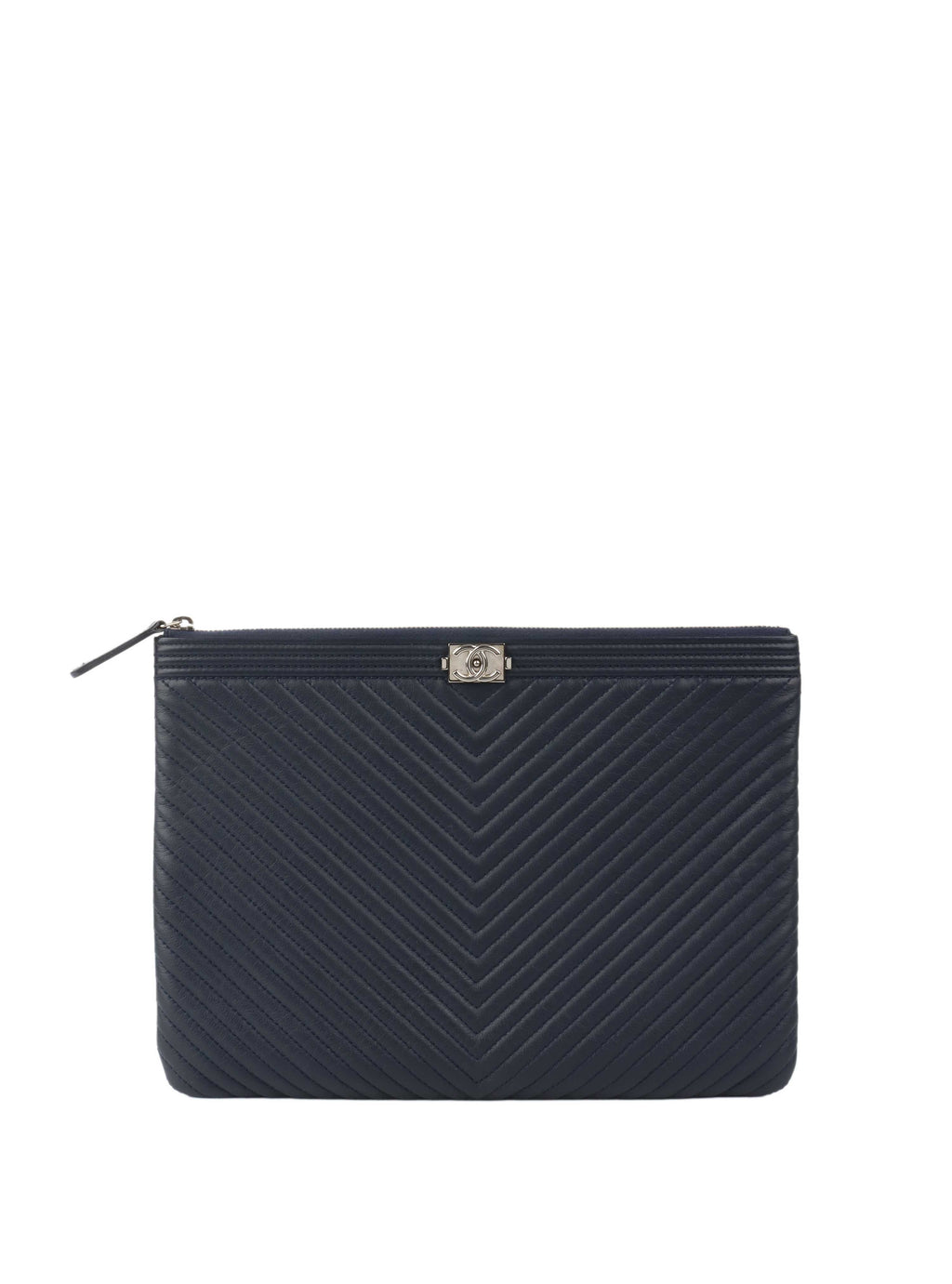 Chanel Navy Lambskin Medium Boy Chevron Pouch SHW.