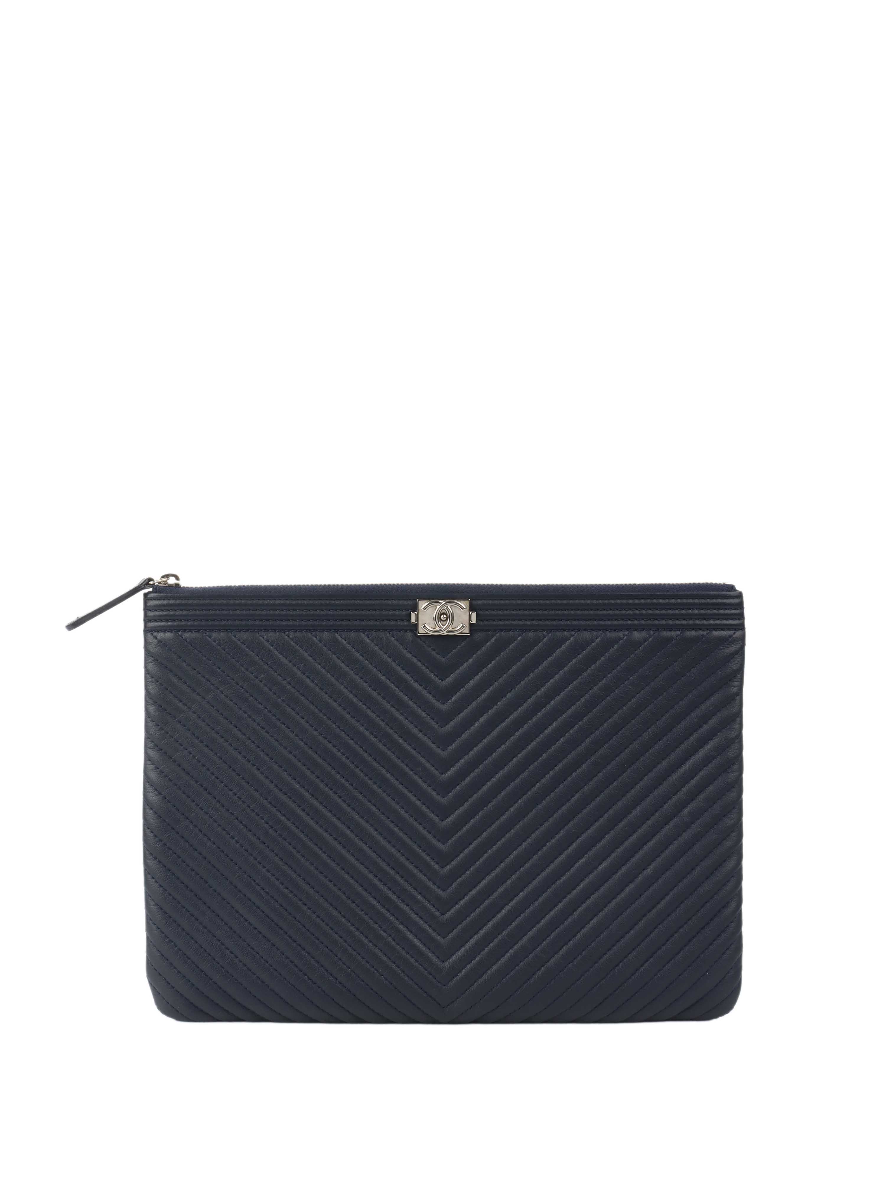 Chanel Navy Lambskin Medium Boy Chevron Pouch SHW.