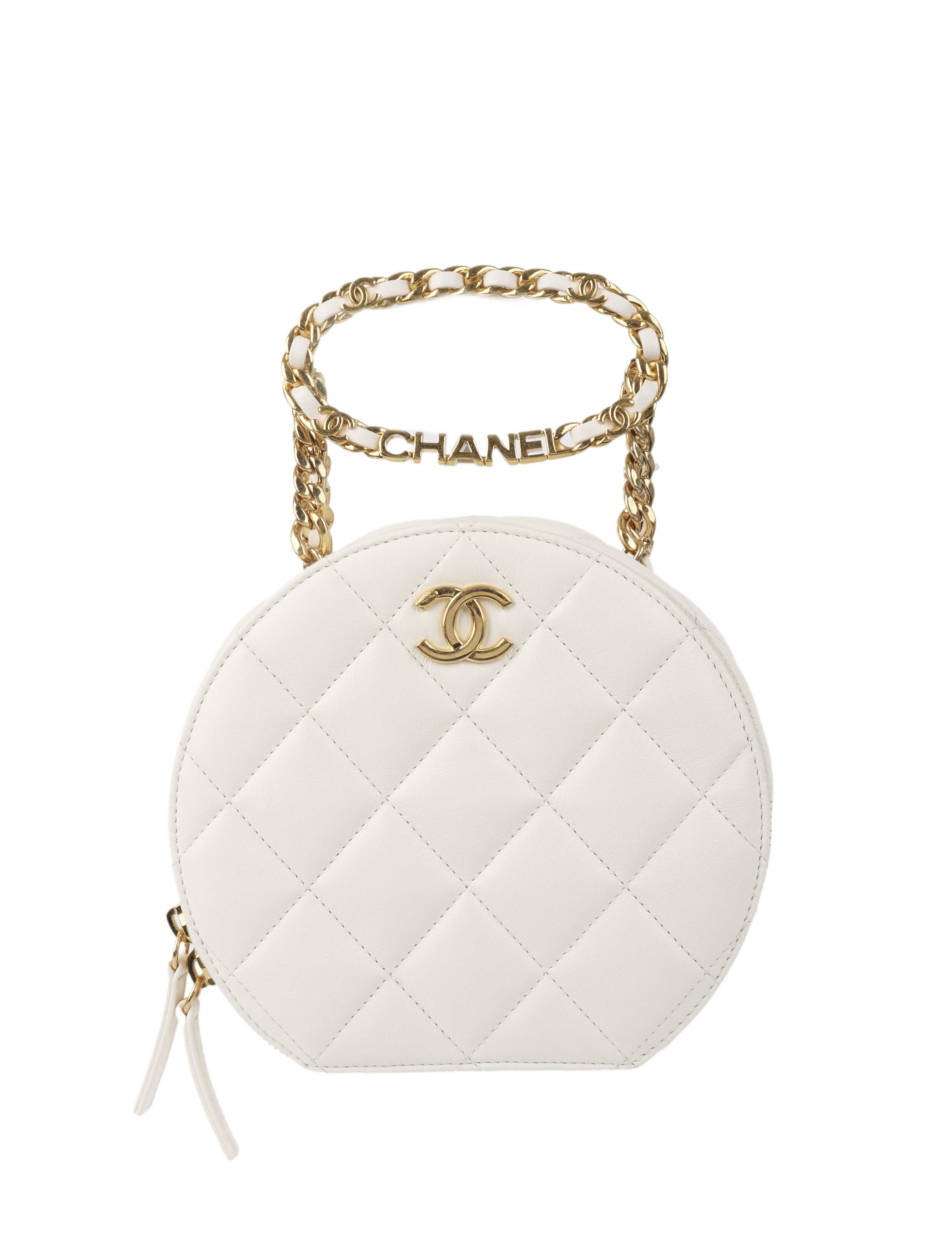 Chanel White Round Vanity with Chain Ring Handle.