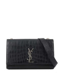 Saint Laurent Black Crocodile Embossed Chain Top Handle Kate Bag.