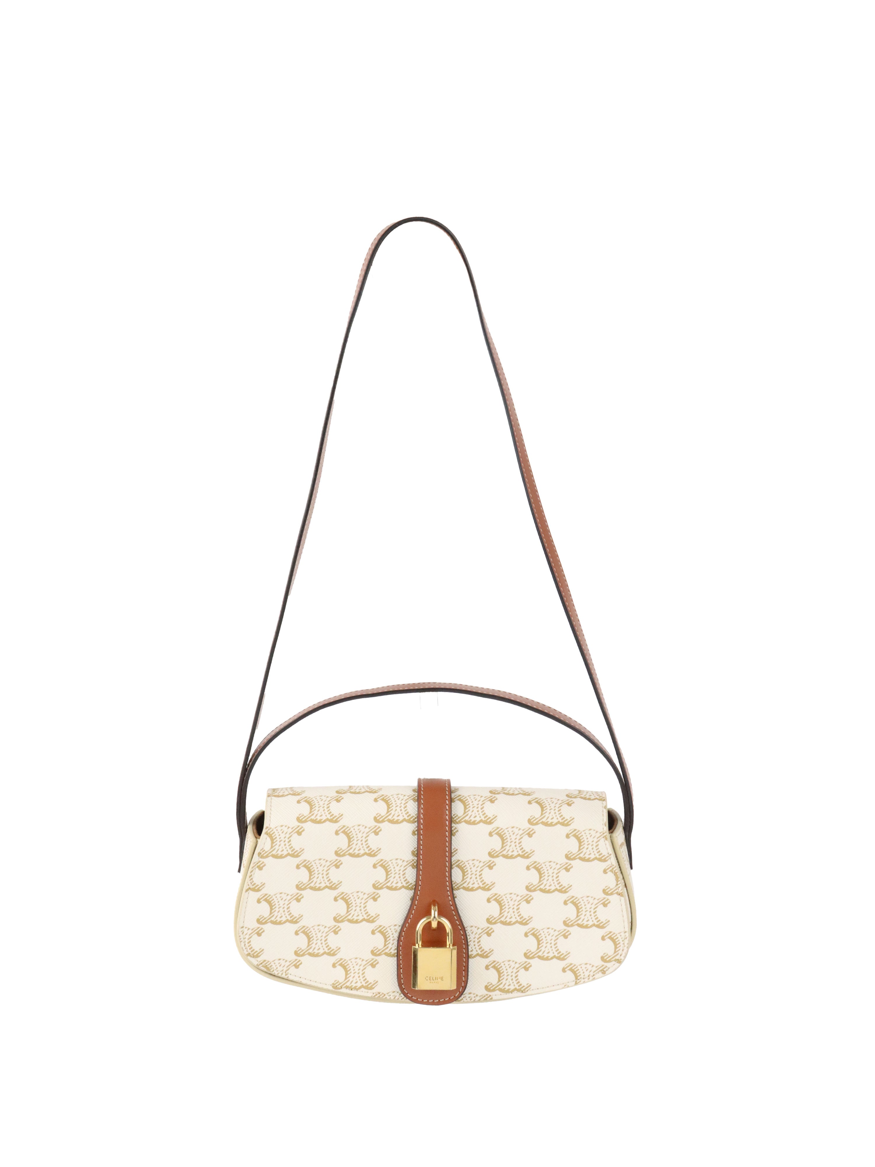 Celine White/Tan Triomphe Tabou Clutch with Strap