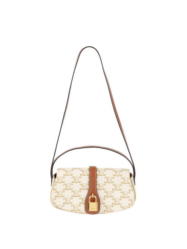 Celine White/Tan Triomphe Tabou Clutch with Strap