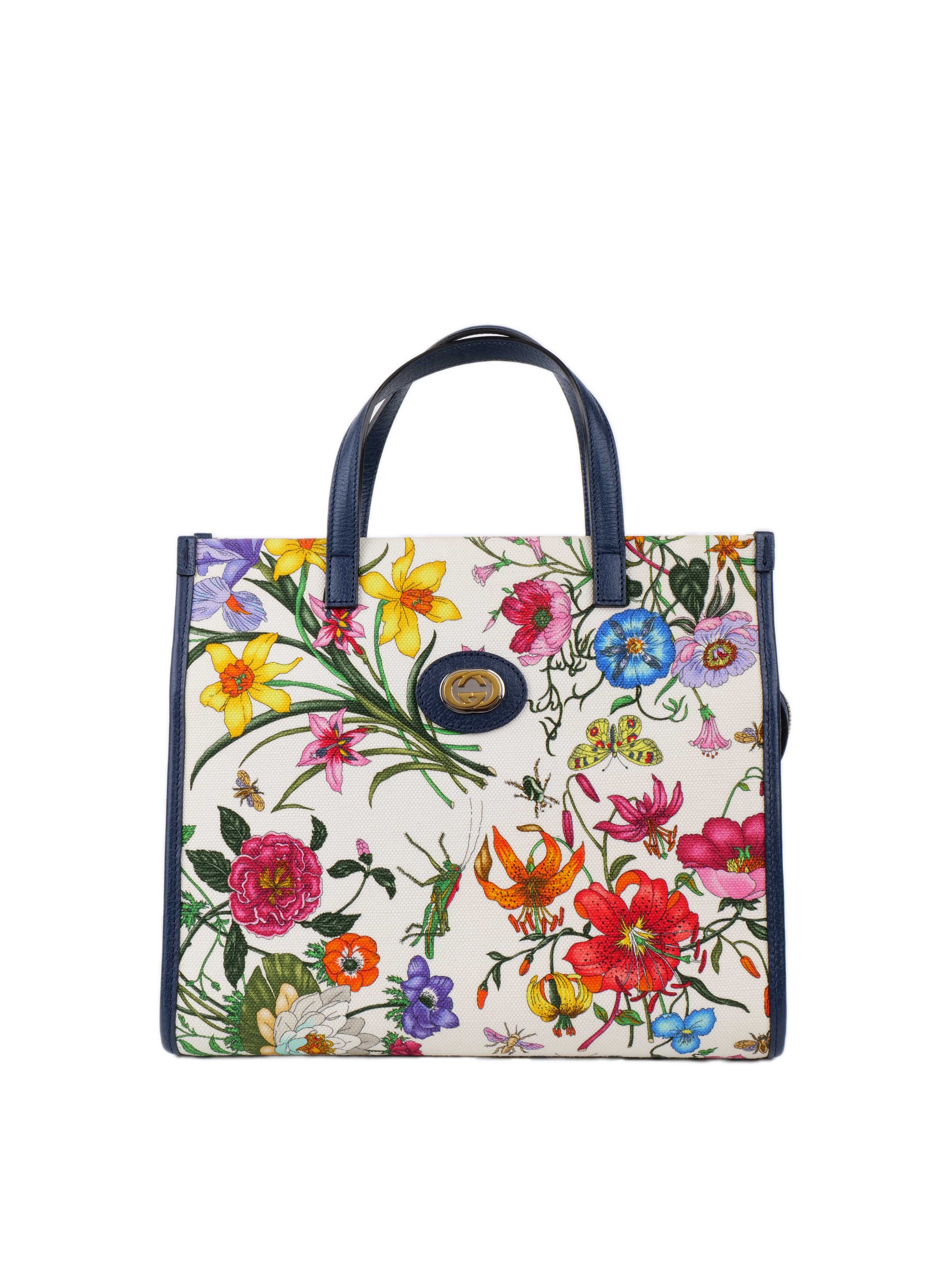 Gucci Floral Canvas Tote with Blue Leather Trim.