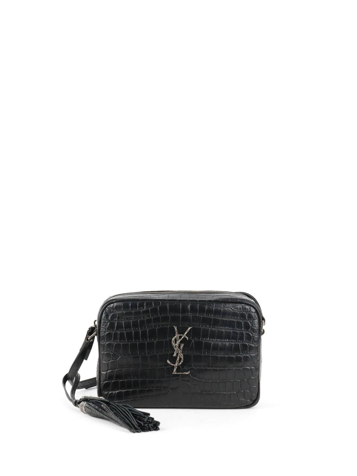 Saint Laurent Black Croc Embossed Camera Lou Bag