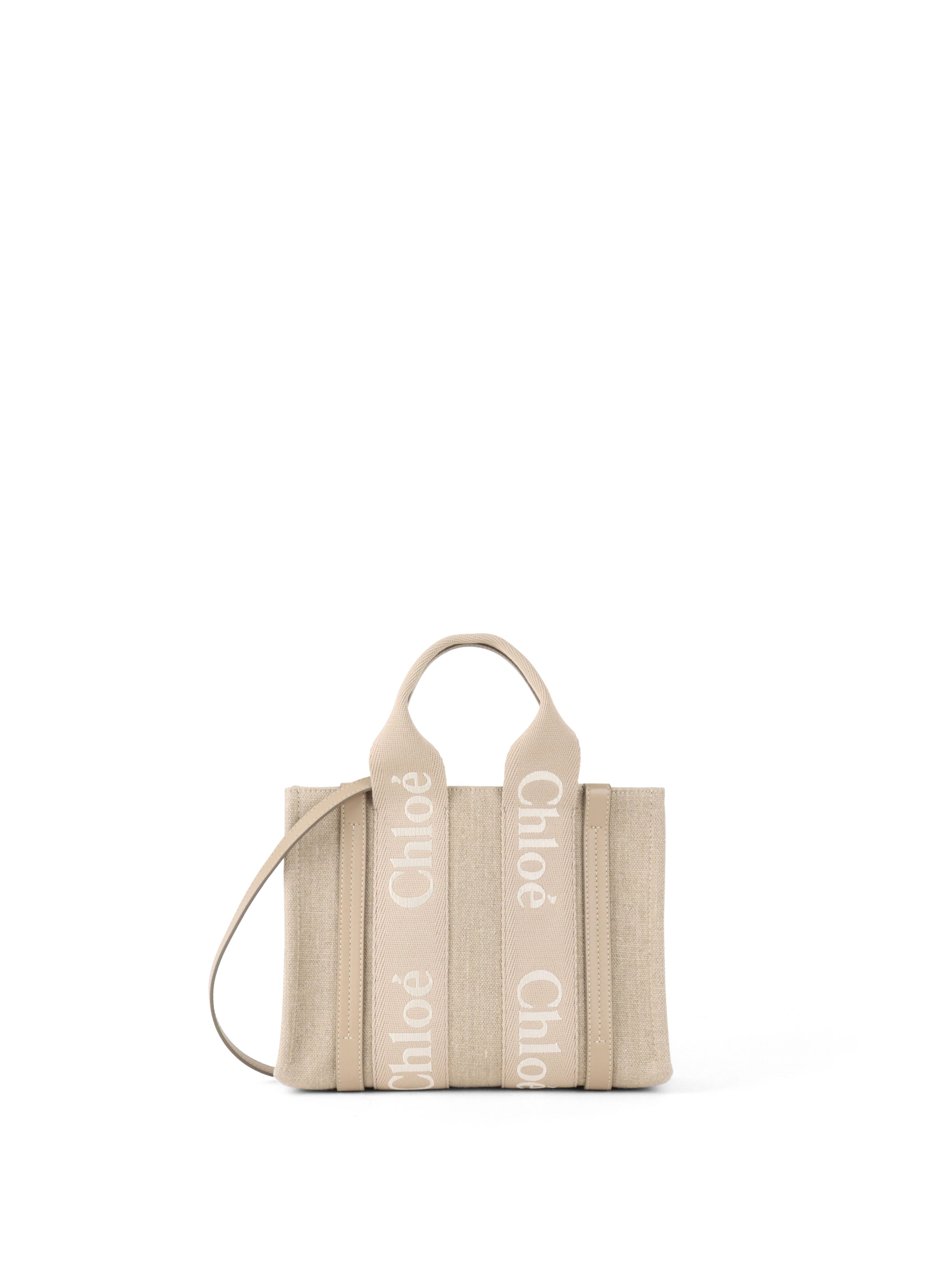Chloe Neutral Small Woody Linen Tote Bag