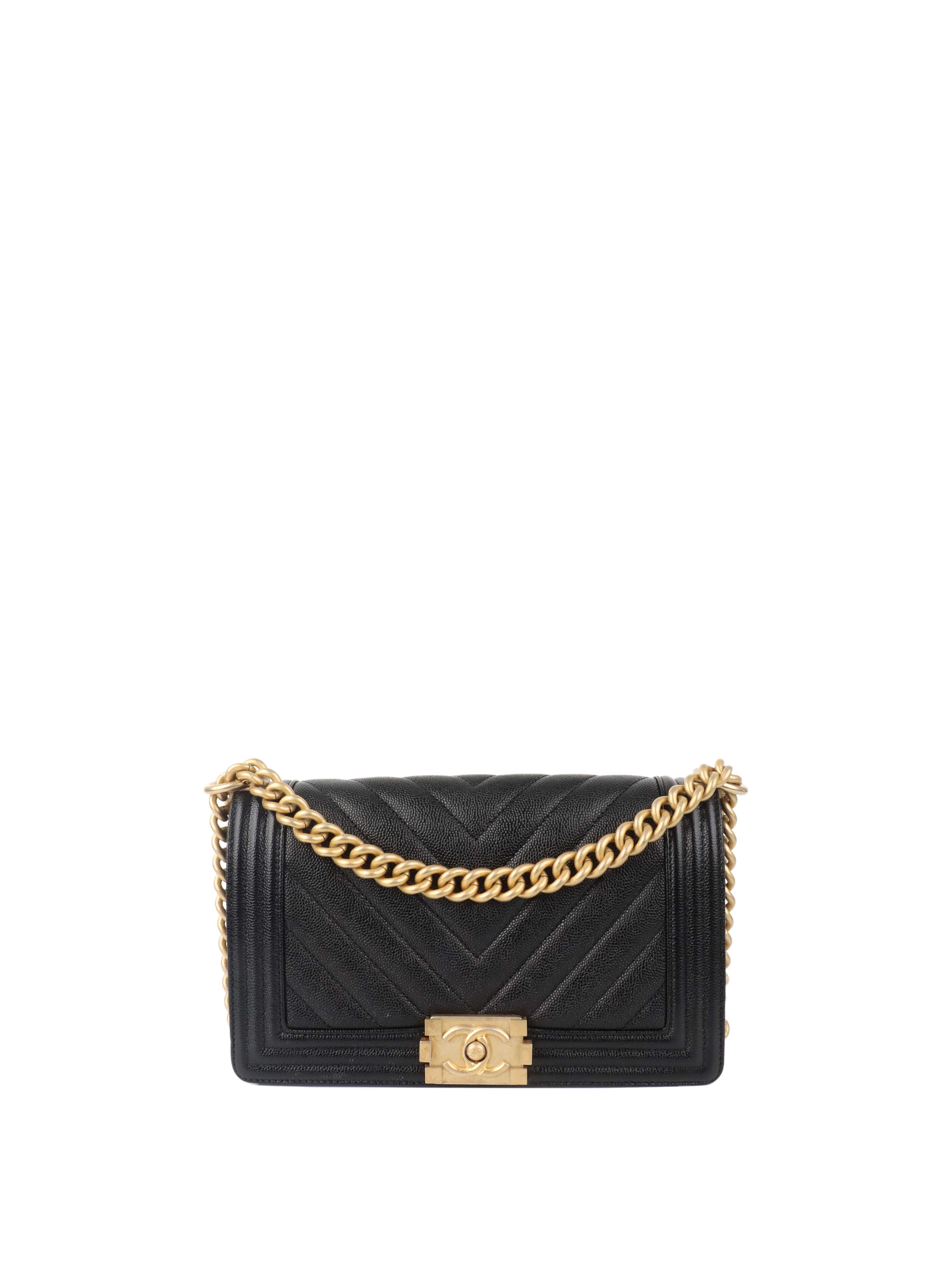 Chanel Black Chevron Caviar Medium Boy Bag.