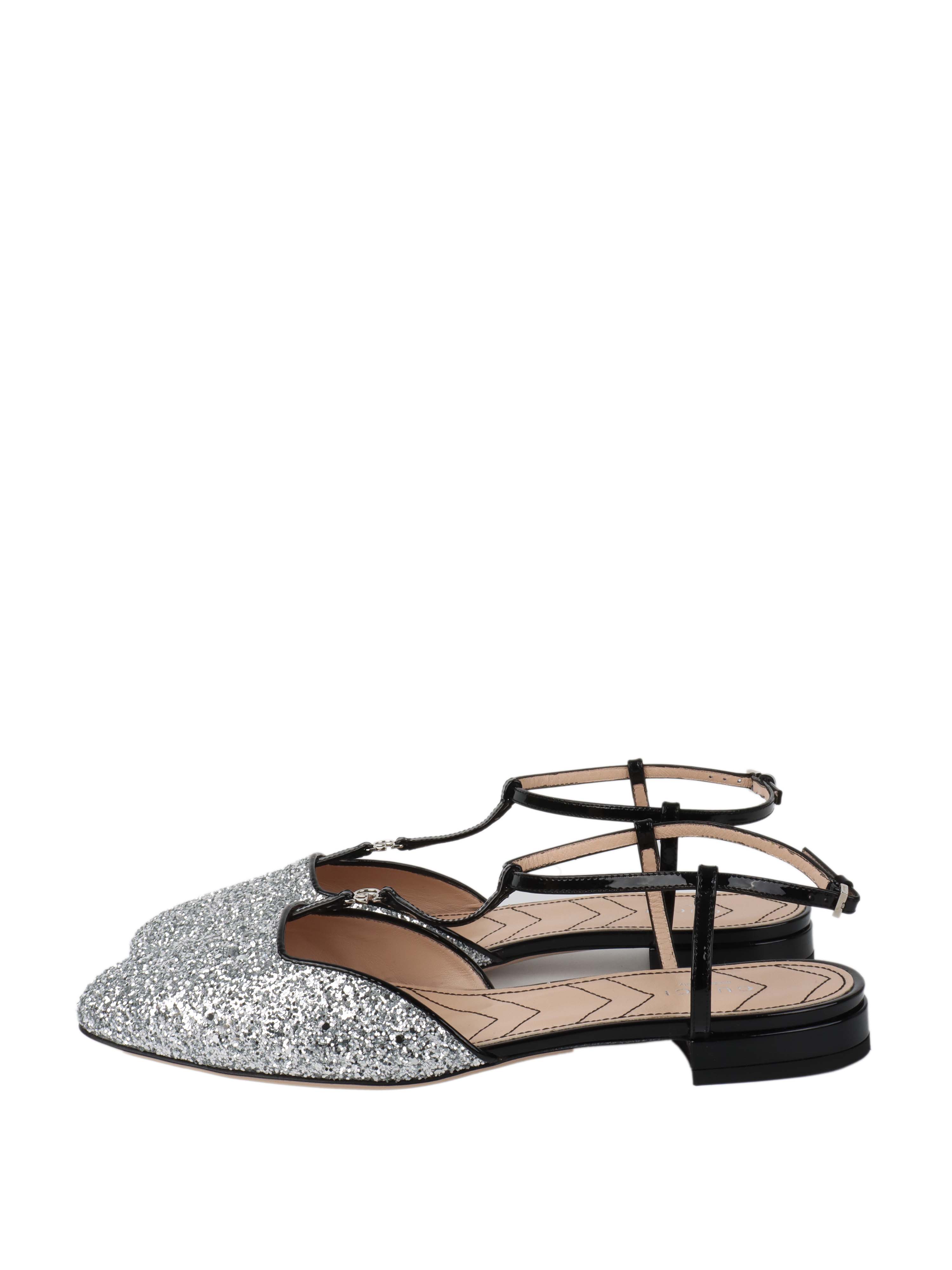 Gucci Silver Glitter Double G Ballet Flats.