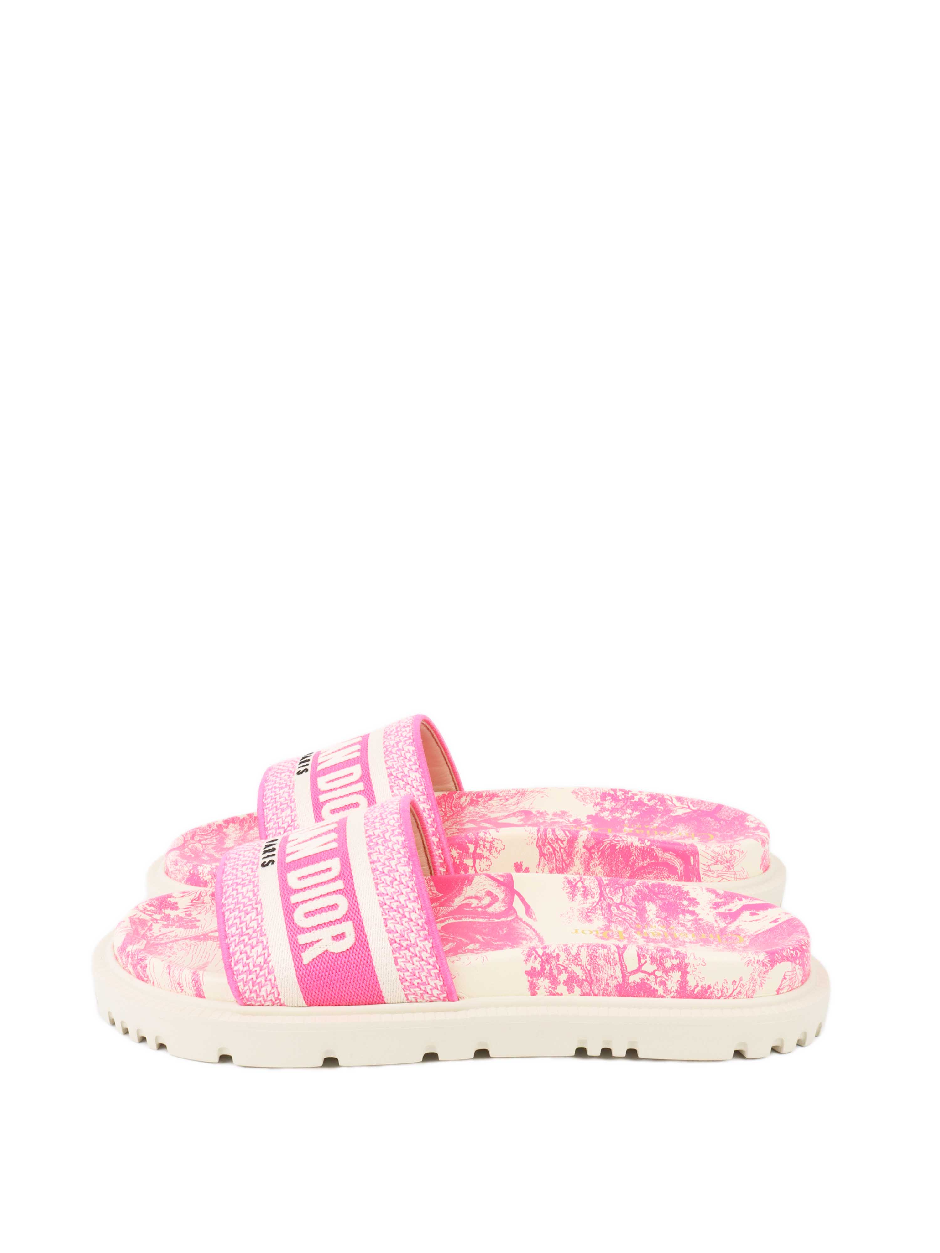 Dior Dway Rubber Slides in White & Fluro Pink.