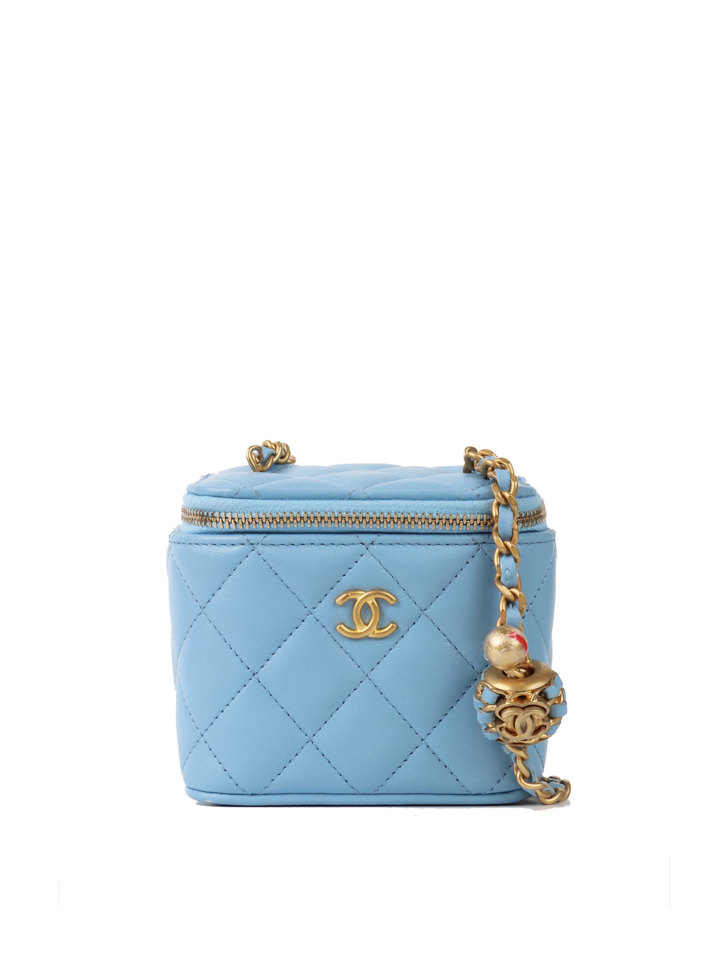 Chanel Bright Blue Mini Square Vanity Bag with Leather Chain Pearl Cru –  Votre Luxe