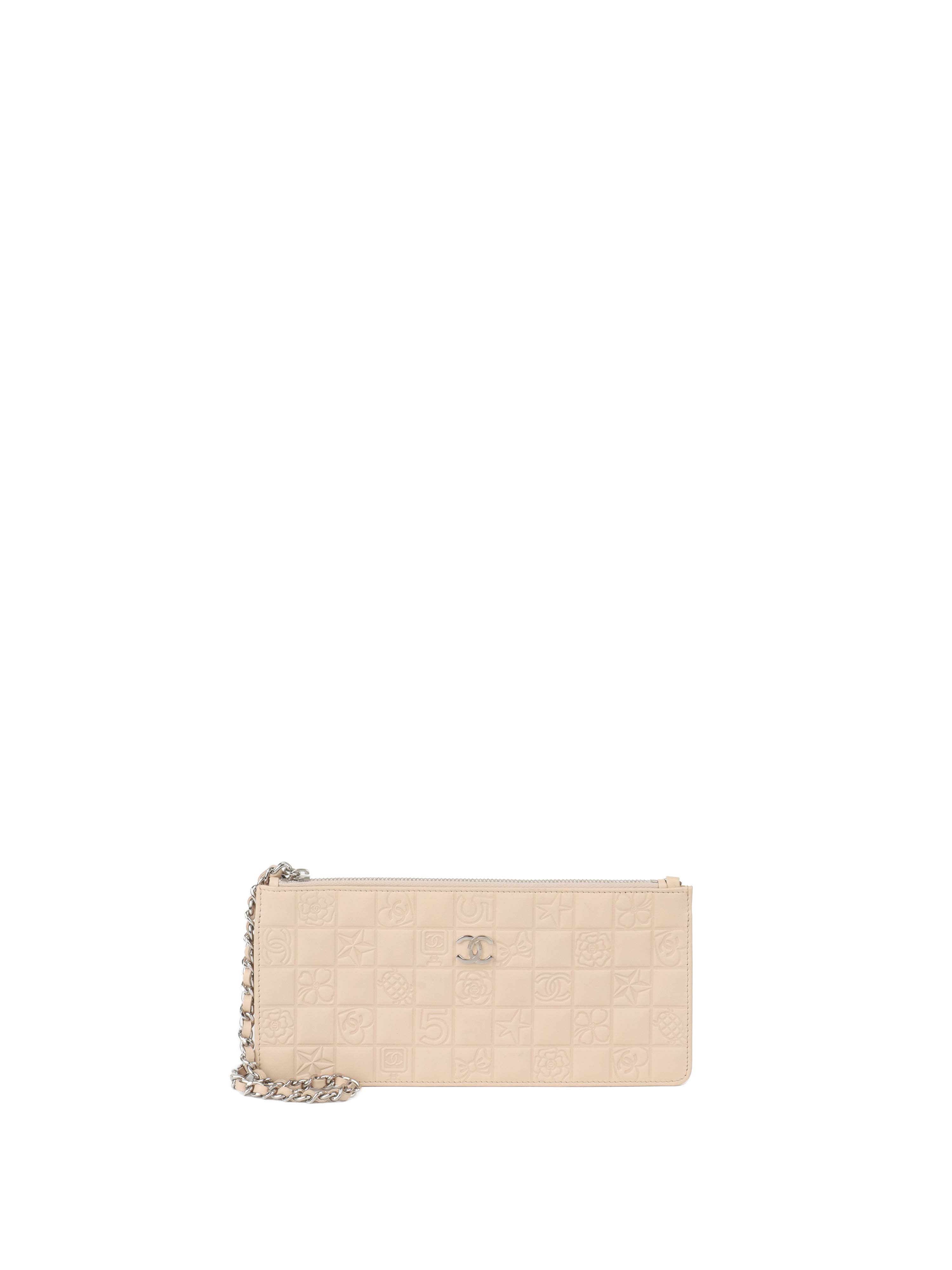Chanel Beige Lucky Embossed Symbols Pochette with Wristlet Chain.
