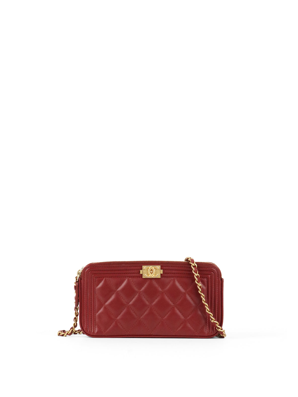 Chanel Burgundy Lambskin Double Zip Wallet on Chain