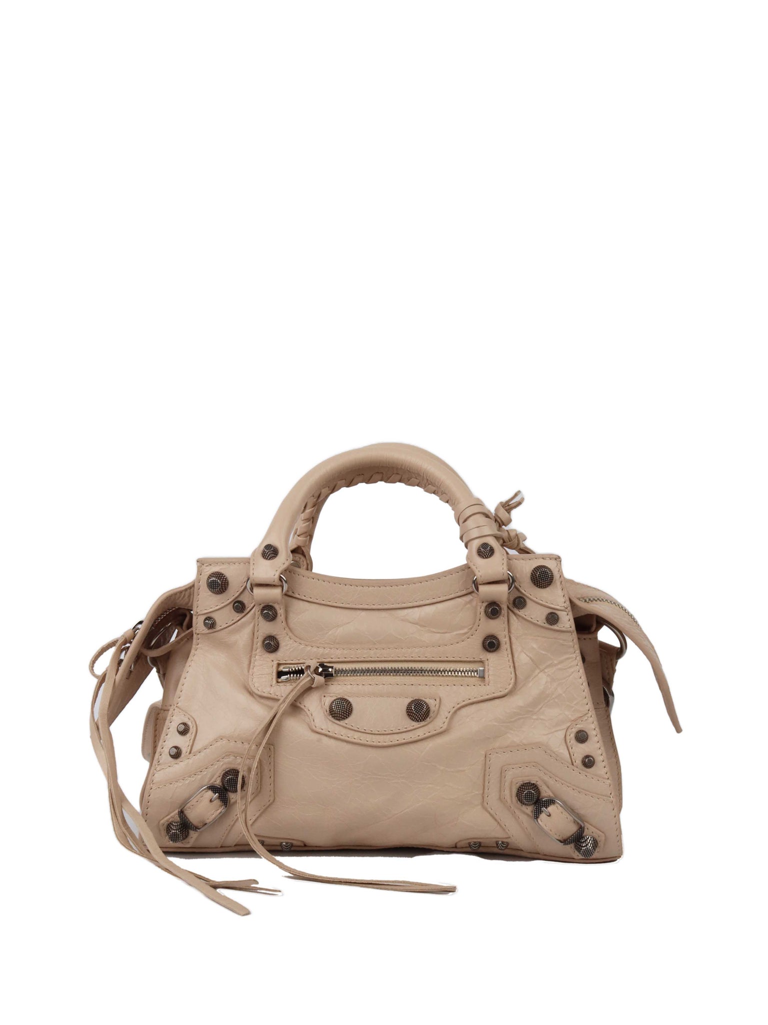 Balenciaga Neo Cagole Studded Crinkled Leather Tote Sand Beige