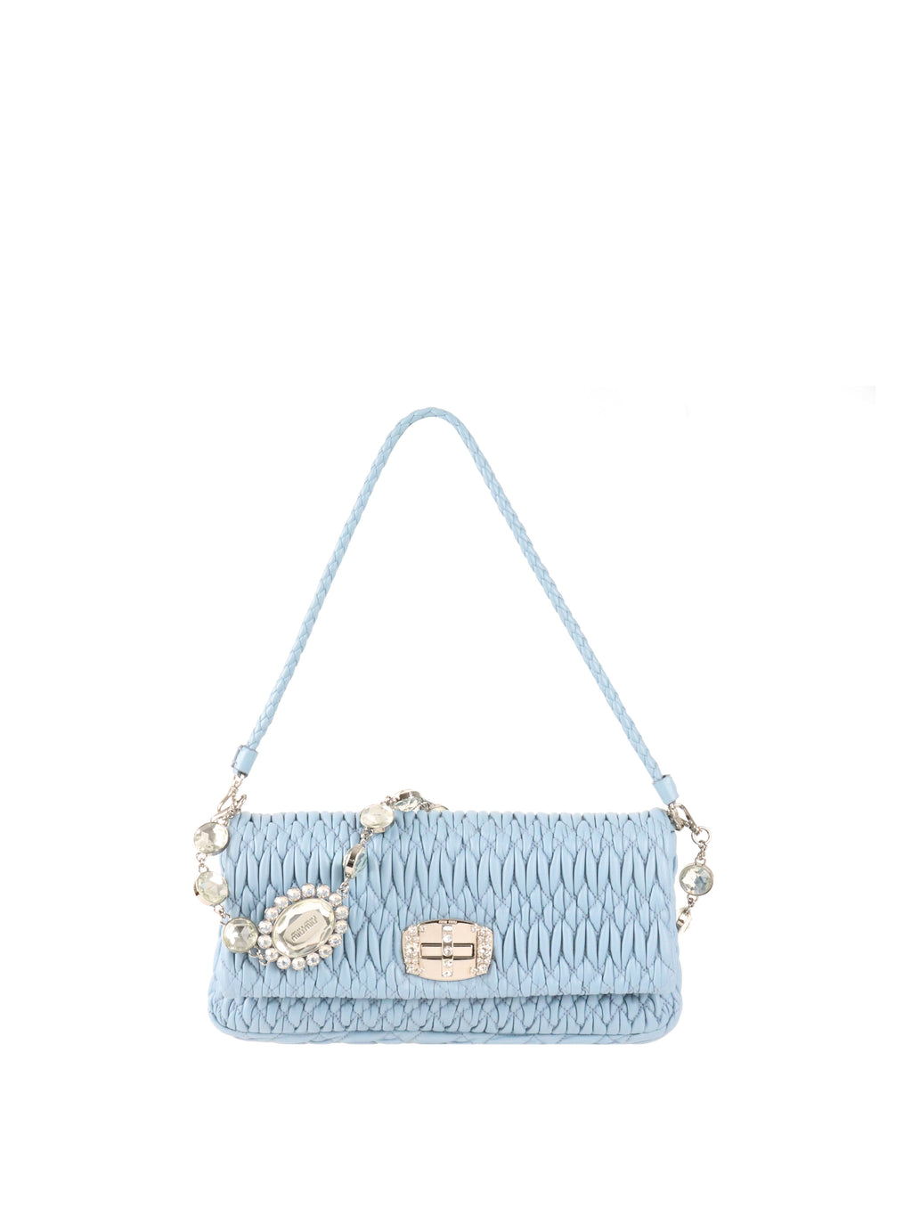 Miu Miu Light Blue Matelasse Nappa Crystal Chain Satchel