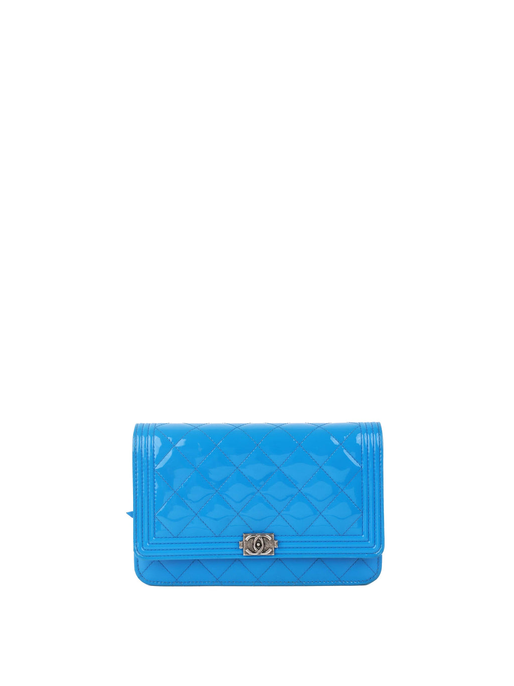 Chanel Bright Blue Patent Leather Le Boy Wallet on Chain.