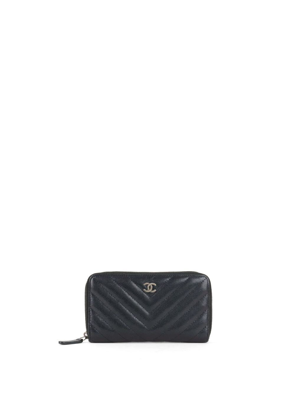 Chanel Irredescent Dark Charcoal Caviar Chevron Zip Wallet
