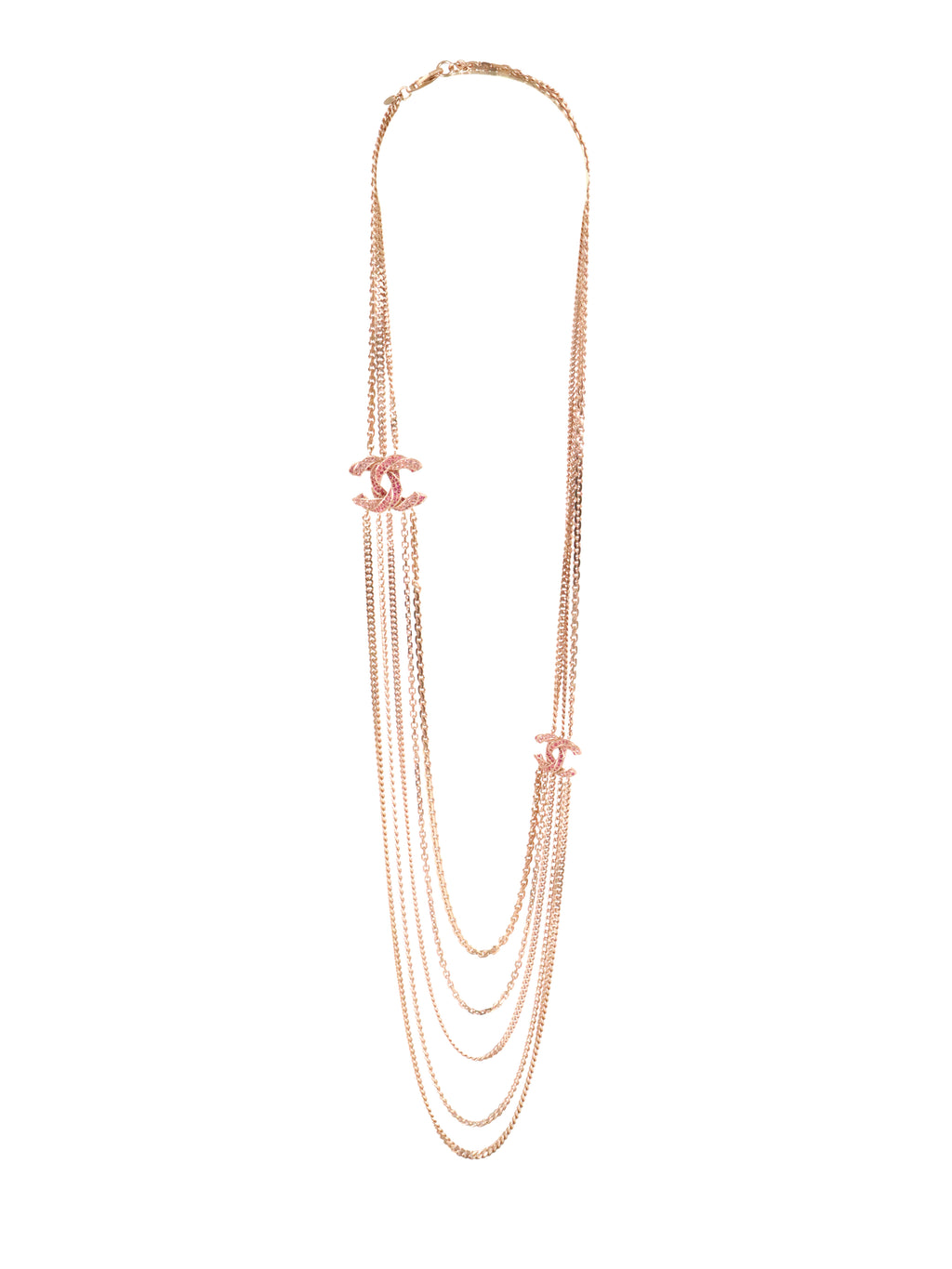 Chanel B16C CC Rose Gold Pink Crystal Long Chain Necklace