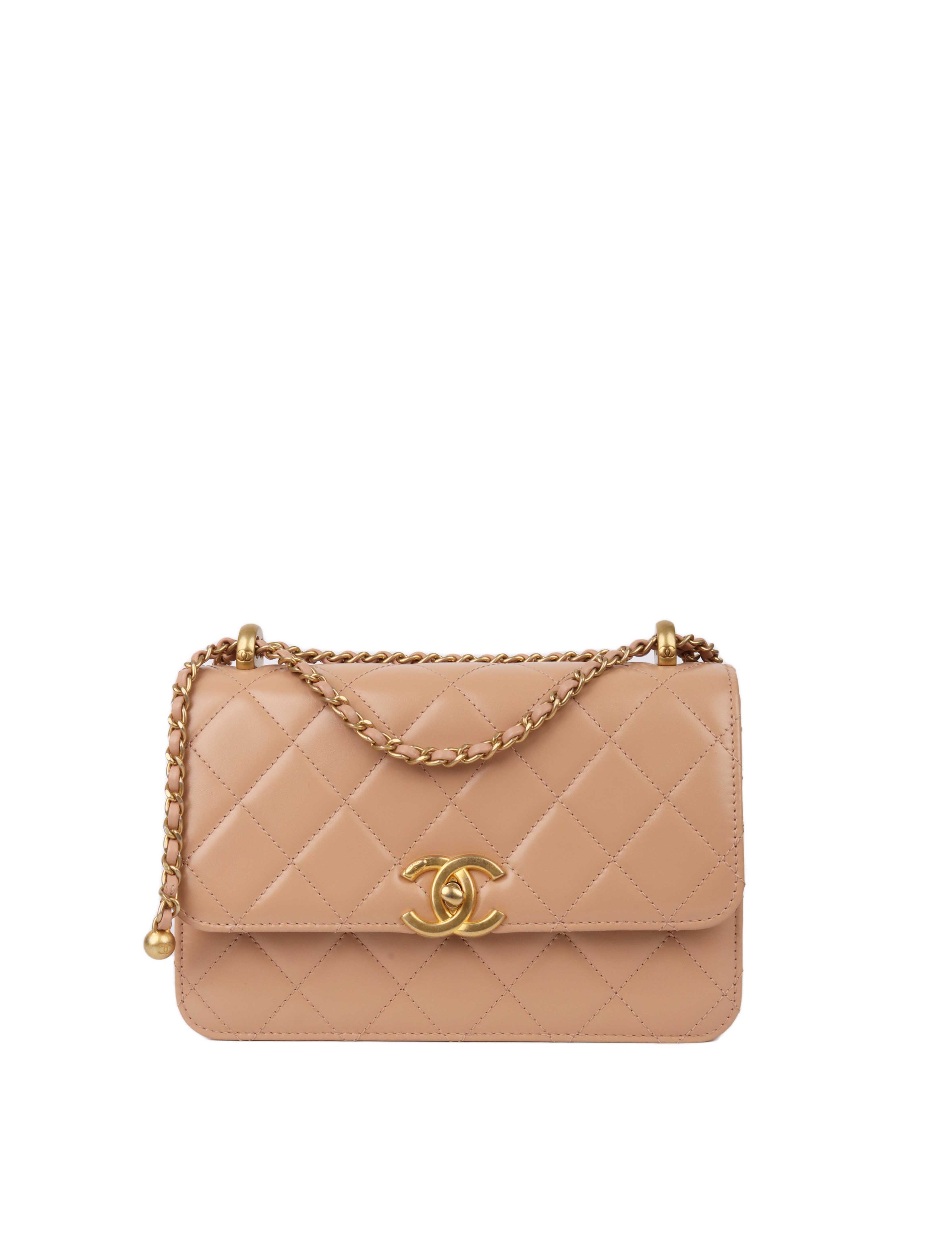 Chanel Beige Small Calfskin Double Pearl Crush Bag GHW. Votre Luxe