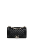 Chanel Black Crinkled Patent with Diamond Quilted Lock Medium Boy Bag