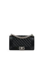 Chanel Black Crinkled Patent with Diamond Quilted Lock Medium Boy Bag