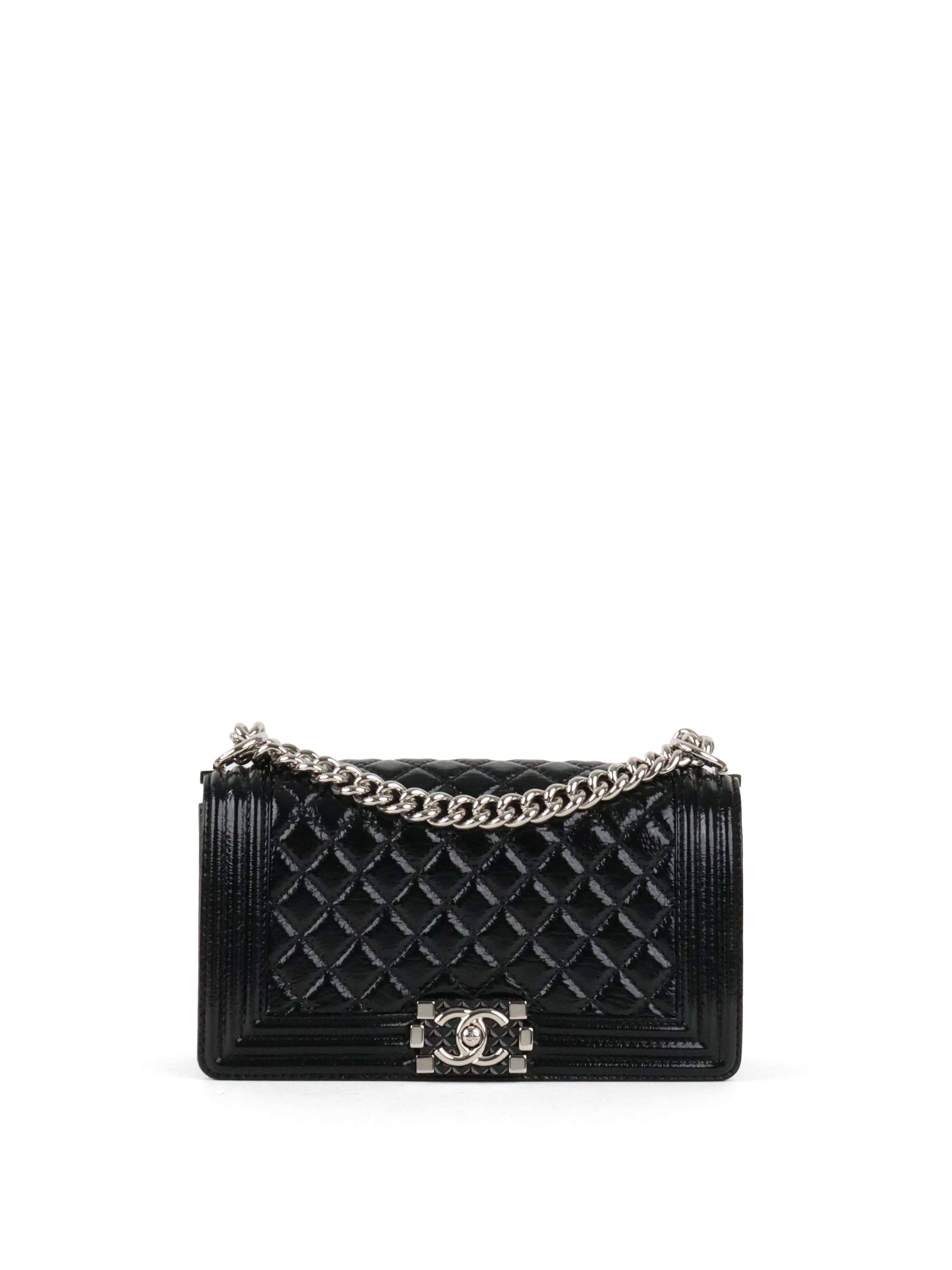 Chanel Black Crinkled Patent with Diamond Quilted Lock Medium Boy Bag