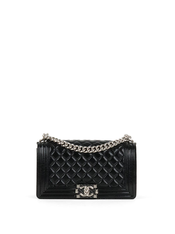 Chanel Black Crinkled Patent with Diamond Quilted Lock Medium Boy Bag