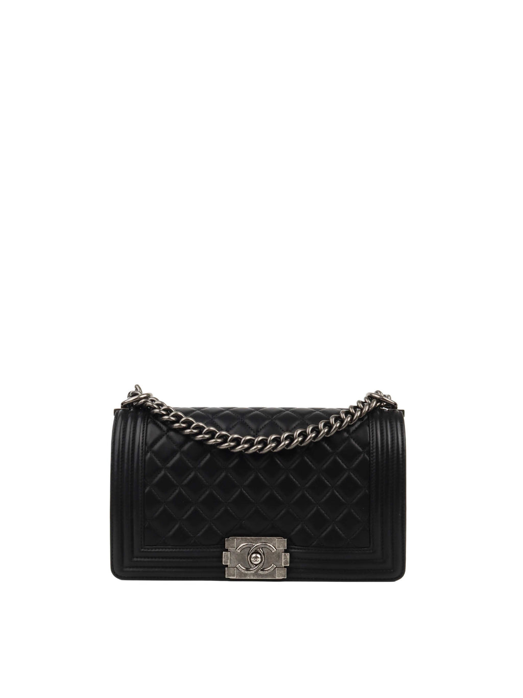 Chanel Black Lambskin Medium Boy Bag Ruthenium Finish Metal Hardware.