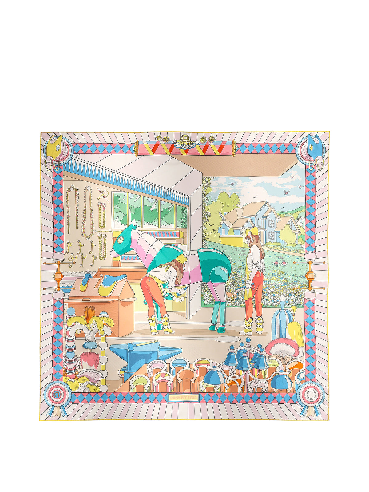 Hermes Rose/Jaune/Multicolour Pony Pit Stop Double Face Scarf 90