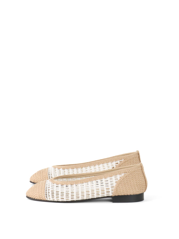 Chanel 25P Two Tone White & Beige Raffia Crochet Woven Ballerina Ballet