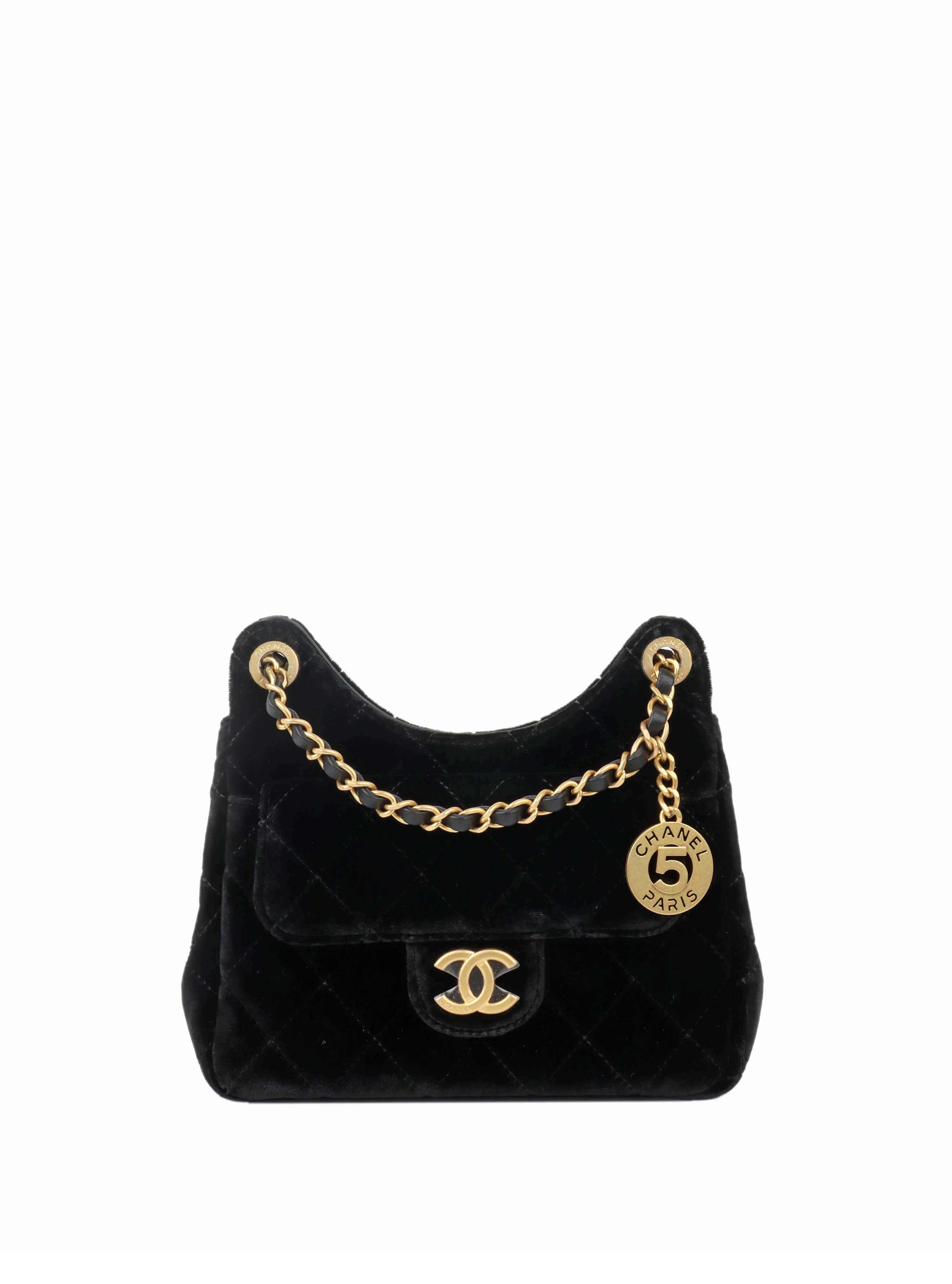 Chanel Black Small Quilted Velvet Wavy CC Hobo Bag.