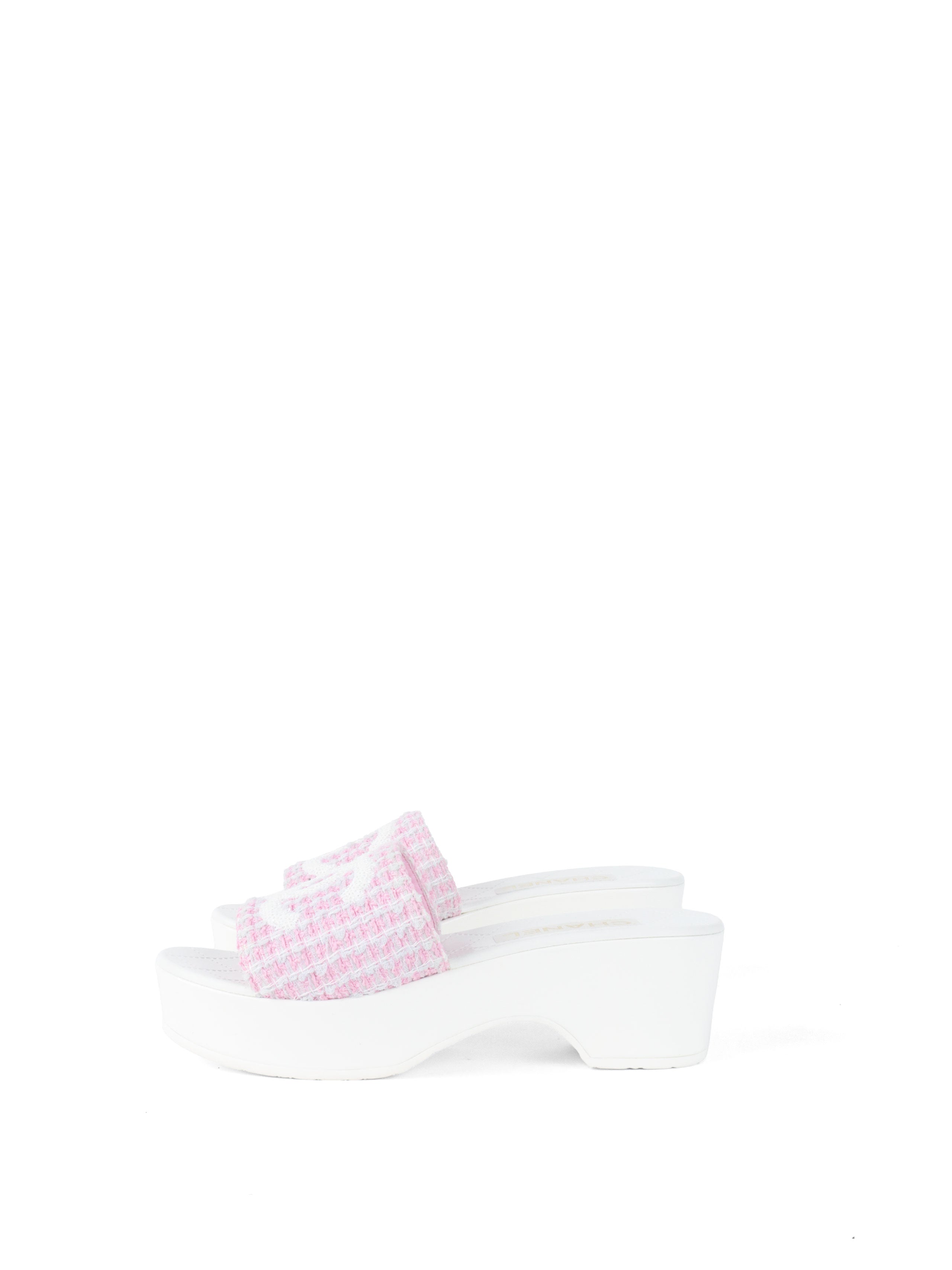 Chanel White 24P Pink Tweed Sequin CC Patent Platform Wedge Mules