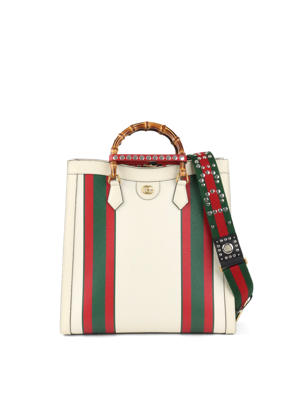 Gucci White Diana NM Stripe Bamboo Handle Bag
