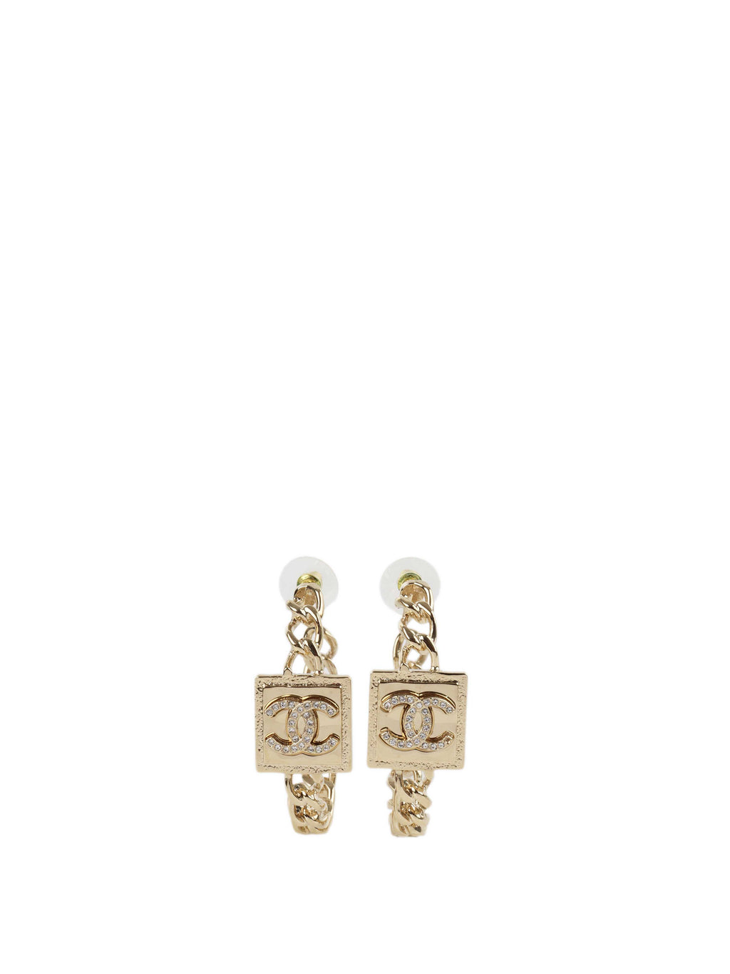 Chanel Crystal Square Chain Hoop Earrings.